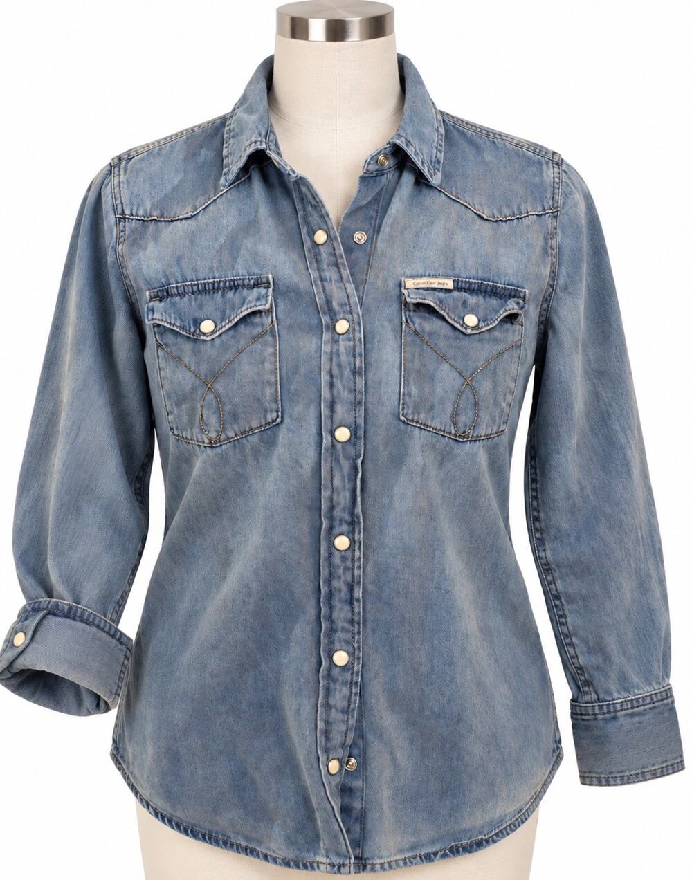 Vtg Calvin Klein Jeans Womens M Denim Western Shirt Pearl Snap Faded Blue Top